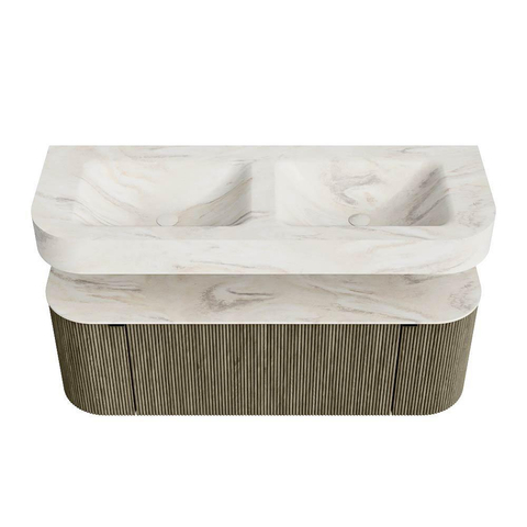 MONDIAZ THOR-DLUX 130cm meuble de salle de bains arrondi gauche + droite couleur Shadow avec 1 tiroir et 2 portes. Vasque suspendue CLOUD Double 2 trous de robinet couleur Ostra. SW1463777