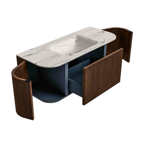 MONDIAZ KURVE-DLUX Meuble de salle de bains 110cm arrondi Gauche + Droite couleur Walnut avec 1 tiroir et 2 portes. Lavabo CLOUD Central sans trou de robinet Nata. SW1432161