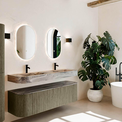 MONDIAZ THOR-DLUX 160cm meuble de salle de bains arrondi gauche + droite couleur Shadow avec 1 tiroir et 2 portes. Vasque suspendue CLOUD Double 2 trous de robinet couleur Sombra. SW1465395