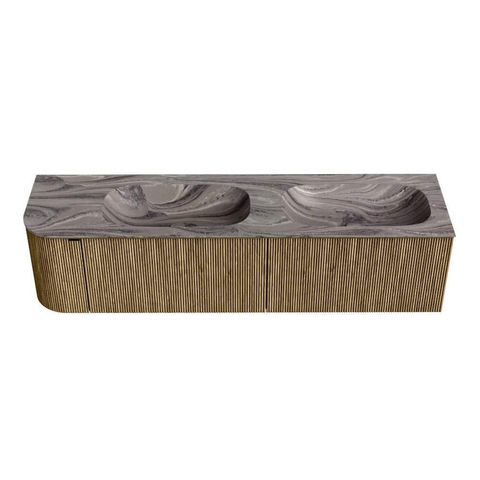 MONDIAZ KURVE-DLUX Meuble de salle de bains 175cm arrondi à gauche couleur Dusk avec 2 tiroirs et 1 porte. Lavabo STOR SMALL Double / Droite sans trou de robinet Sombra. SW1433909