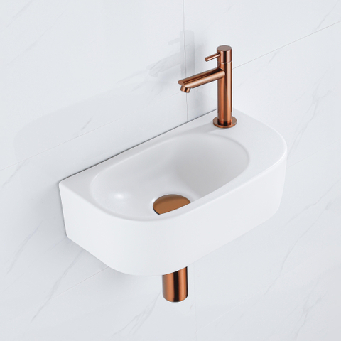 QeramiQ Fuente pack lave-mains – 40 x 21,5 x 12 cm – céramique blanc mat – perçage à droite – robinet cuivre brossé SW1232836