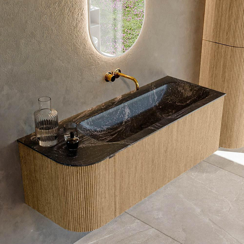 MONDIAZ KURVE-DLUX meuble de salle de bains 125cm avec module 25 L couleur chêne avec 1 tiroir et 1 porte. Lavabo BIG MEDIUM à droite sans trou de robinet couleur lave. SW1138116