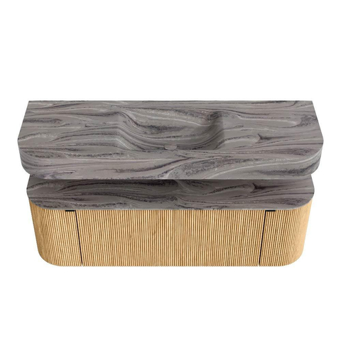 MONDIAZ THOR-DLUX 140cm meuble de salle de bains arrondi gauche + droite couleur Oak avec 1 tiroir et 2 portes. Vasque suspendue CLOUD Milieu sans trou de robinet couleur Sombra. SW1464359