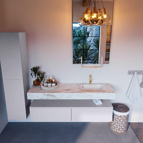 Mondiaz ALAN-DLUX Ensemble de meuble - 150cm - meuble Cale mat - 2 tiroirs - Lavabo Cloud Frappe suspendu - vasque Droite - 1 trou de robinet SW805412