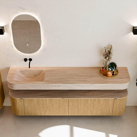 MONDIAZ THOR-DLUX 200cm meuble de salle de bains arrondi gauche + droite couleur Oak avec 2 tiroirs et 2 portes. Vasque suspendue CLOUD Gauche sans trou de robinet couleur Saba. SW1467222