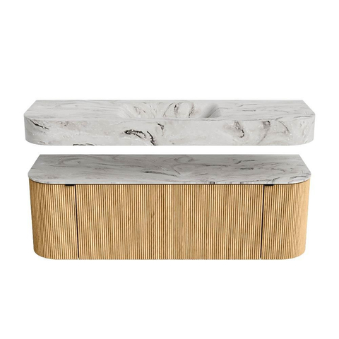 MONDIAZ THOR-DLUX 140cm badmeubel ronding links + rechts kleur Oak met 1 lade en 2 deuren. Vrijhangende wastafel CLOUD Midden 1 kraangat kleur Glace. SW1463918