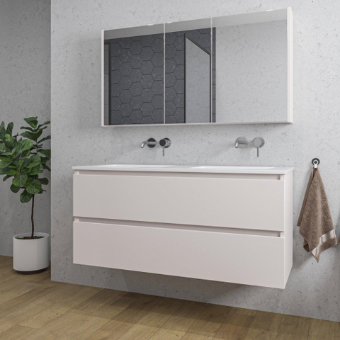 Saniclass Chaci Meuble de salle de bain - 120x46x55cm - lavabo en céramique blanc - 2 vasques - sans trous de robinet - 2 tiroirs - armoire miroir - mat cotton (beige) SW1182395
