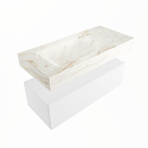 Mondiaz ALAN-DLUX Ensemble de meuble - 100cm - meuble Talc mat - 1 tiroir - Lavabo Cloud Frappe suspendu - vasque Gauche - 0 trous de robinet SW804778
