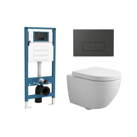 QeramiQ Dely Swirl Compact Toiletset - inbouwreservoir QeramiQ flush - 25mm zitting - kunststof bedieningsplaat mat antraciet - rechthoekige knoppen - mat wit SW1590821