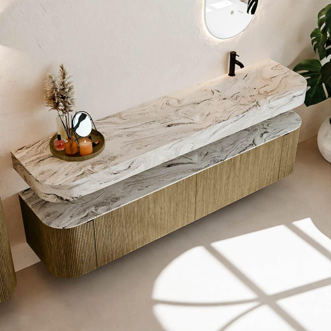 MONDIAZ THOR-DLUX Meuble de salle de bains - 200cm - arrondi gauche + droite - couleur Dusk - 2 tiroirs et 2 portes - Vasque suspendue CLOUD Droite 1 trou de robinet couleur Glace SW1466856