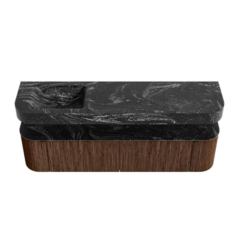 MONDIAZ THOR-DLUX 180cm badmeubel ronding links + rechts kleur Walnut met 2 lades en 2 deuren. Vrijhangende wastafel CLOUD Links zonder kraangat kleur Lava. SW1465948