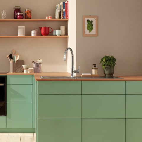 Grohe Start Edge Robinet de cuisine - 1 trou - bec haut orientable extensible - saillie 21,5 cm - levier fermé - chromé SW924867