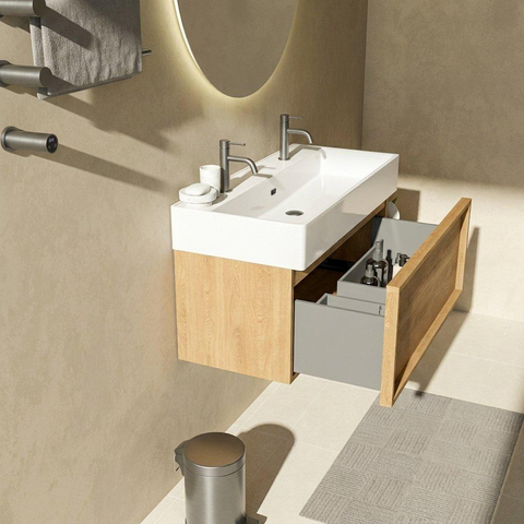 Saniclass Holz Frame Badkamermeubelset - 100x45x52cm - Legend keramische wastafel mat wit - 1 wasbak - 2 kraangaten - 1 lade - mat eiken natural (hout) SW1579671