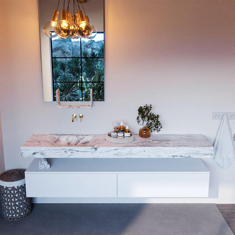 Mondiaz ALAN-DLUX Ensemble de meuble - 200cm - meuble Talc mat - 2 tiroirs - Lavabo Cloud Glace suspendu - vasque Gauche - 0 trous de robinet SW805956