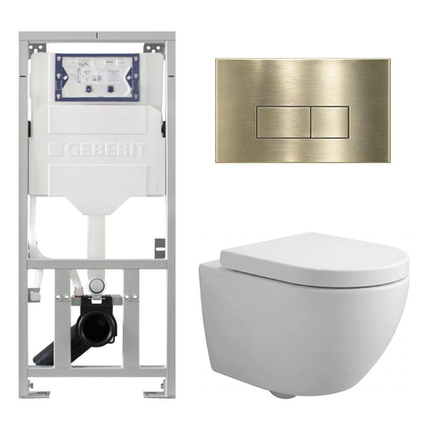 Pack WC QeramiQ Dely Swirl Compact - réservoir encastrable Geberit UP320 - avec bâti-support Burda - abattant 25 mm - plaque de commande en plastique laiton brossé (or) - boutons rectangulaires - blanc mat SW1595668
