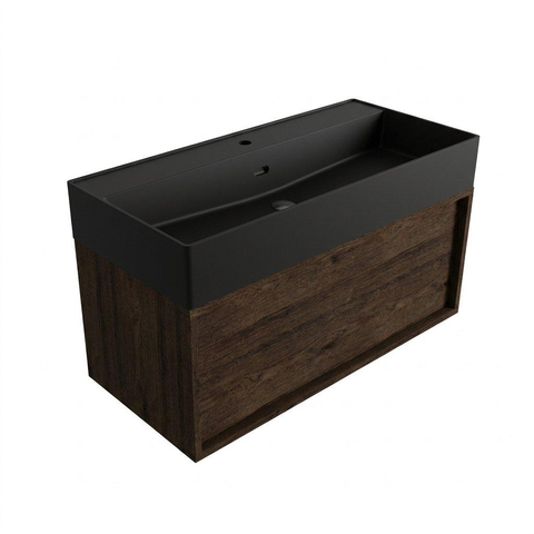 Saniclass Holz Frame Badkamermeubelset - 100x45x52cm - Legend keramische wastafel mat zwart - 1 wasbak - 1 kraangat - 1 lade - mat eiken charcoal (hout) SW1579690