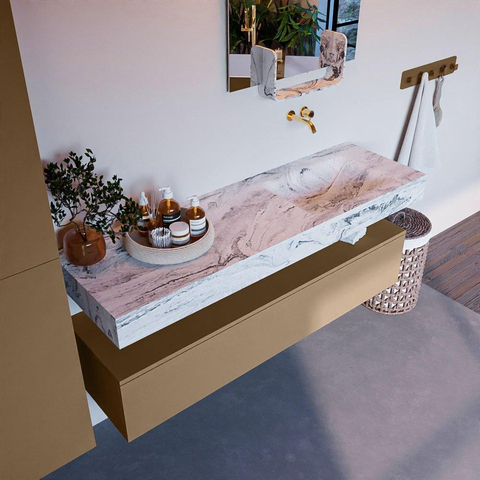 Mondiaz ALAN-DLUX Ensemble de meuble - 150cm - meuble Oro mat - 1 tiroir - Lavabo Cloud Glace suspendu - vasque Droite - 0 trous de robinet SW806023