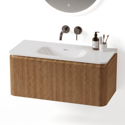 Royal Plaza Terra Edge Ensemble meuble de salle de bains - 100x45.5x46cm - vasque en céramique blanc brillant - 1 vasque - sans trous de robinet - 2 tiroirs - sandwood (chêne clair) SW1471932