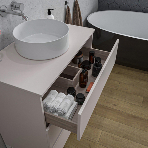 Saniclass Chaci PLUS Meuble de salle de bain - 80x86x46cm - vasque - plan de toilette - 3 tiroirs - miroir rectangulaire - mat cotton (beige) SW1182419