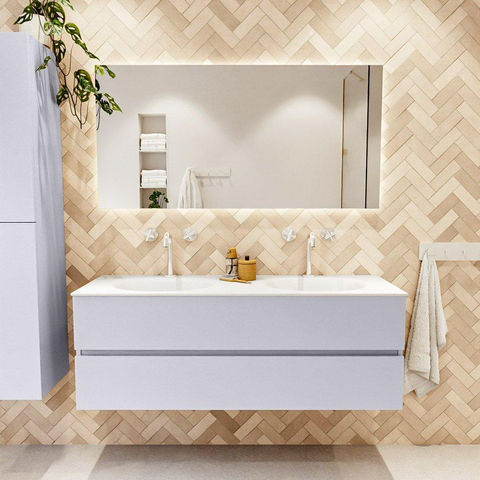 Mondiaz VICA Ensemble meuble de salle de bains - 140cm - cale - 2 tiroirs - Lavabo MOON - double 2 trous de robinet - couleur talc - version XL 60cm de hauteur SW1189244
