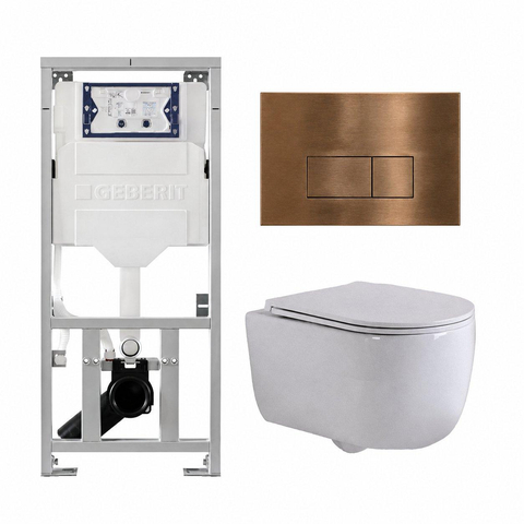 QeramiQ Dely Swirl Toiletset - 36.3x51.7cm - diepspoel - rimless - Geberit UP320 inbouwreservoir - met Burda frame - slim zitting - koperen bedieningsplaat - rechtehoekige knoppen - mat wit SW1126117