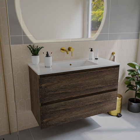 Saniclass Holz Pure Meuble de salle de bain - 100x45x60cm - lavabo en céramique blanc - 1 vasque - sans trous de robinet - 2 tiroirs - Charcoal SW1437766