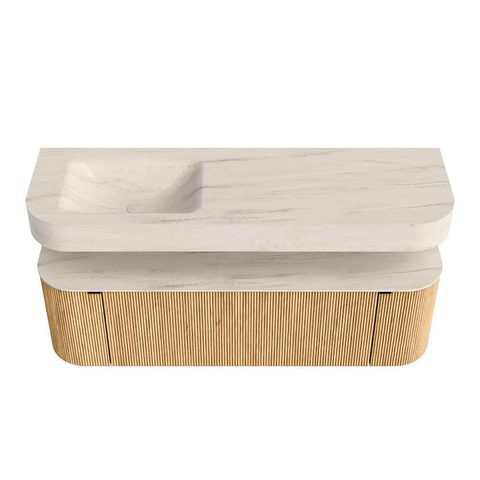 MONDIAZ THOR-DLUX 150cm meuble de salle de bains arrondi gauche + droite couleur Oak avec 1 tiroir et 2 portes. Vasque suspendue CLOUD gauche 1 trou de robinet couleur Meli. SW1464758