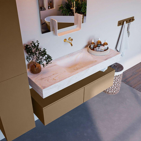 Mondiaz ALAN-DLUX Ensemble de meuble - 130cm - meuble Oro mat - 2 tiroirs - Lavabo Cloud Ostra suspendu - vasque Centre - 0 trous de robinet SW807657