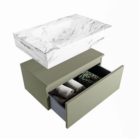 Mondiaz ALAN-DLUX Ensemble de meuble - 70cm - meuble Army mat - 1 tiroir - Lavabo Cloud Glace suspendu - vasque Centre - 0 trous de robinet SW805919