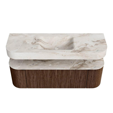 MONDIAZ THOR-DLUX 140cm meuble de salle de bains arrondi gauche + droite couleur Walnut avec 1 tiroir et 2 portes. Vasque suspendue CLOUD Milieu 1 trou de robinet couleur Frappe. SW1463949