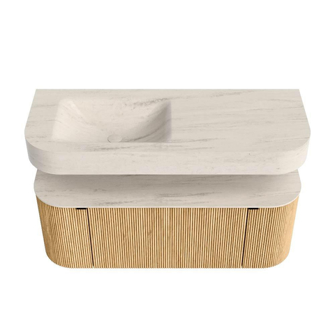 MONDIAZ THOR-DLUX Meuble de salle de bains 120cm arrondi gauche + droite couleur Oak avec 1 tiroir et 2 portes. Vasque suspendue CLOUD Gauche 1 trou de robinet couleur Meli. SW1463325