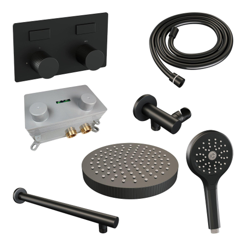 BRAUER Stripe Douche de tête thermostatique encastrée - boutons-poussoirs - SET 28 - pomme de douche 25cm - bras mural droit - douchette 3 positions - flexible de douche - coude mural - noir mat SW1435156