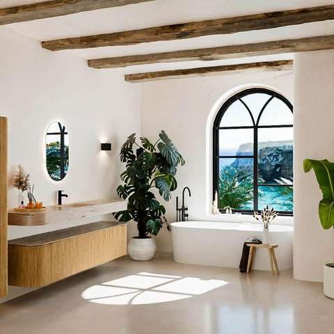 MONDIAZ THOR-DLUX 200cm meuble de salle de bains arrondi gauche + droite couleur Oak avec 2 tiroirs et 2 portes. Vasque suspendue CLOUD Milieu 1 trou de robinet couleur Arena. SW1467058