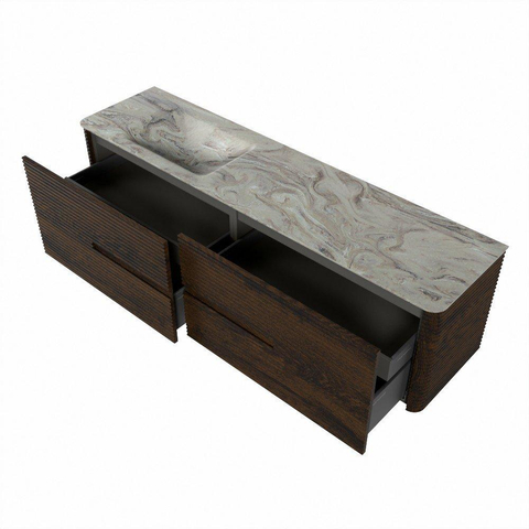 Mondiaz CIRO-DLUX Badkamermeubelset - 180x45x50cm - Solid surface wastafel Glace - 1 wasbak Links - 1 kraangat - 4 lades - Walnut SW1530309