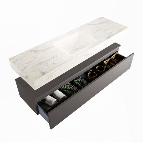 Mondiaz ALAN-DLUX Ensemble de meuble - 150cm - meuble Dark grey mat - 1 tiroir - Lavabo Cloud Ostra suspendu - vasque Centre - 1 trou de robinet SW807333