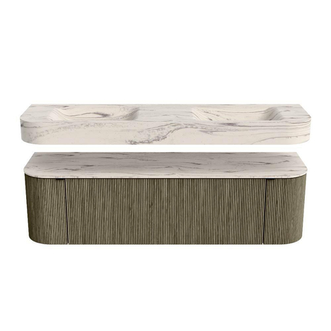 MONDIAZ THOR-DLUX 160cm meuble de salle de bains arrondi gauche + droite couleur Shadow avec 1 tiroir et 2 portes. Vasque suspendue CLOUD Double 2 trous de robinet couleur Nata. SW1465293