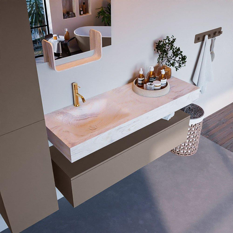 Mondiaz ALAN-DLUX Ensemble de meuble - 130cm - meuble Smoke mat - 1 tiroir - Lavabo Cloud Ostra suspendu - vasque Gauche - 1 trou de robinet SW807307