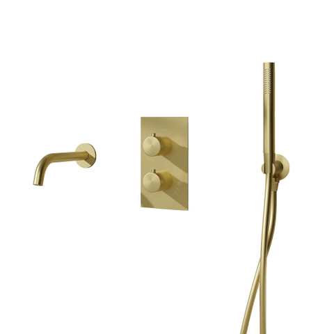 Fortifura Calvi Badkraan set - uitloop - 22cm inkortbaar - gladde slang - staafhanddouche - inbouwdeel - wandhouder - geborsteld messing (goud) SW1130182