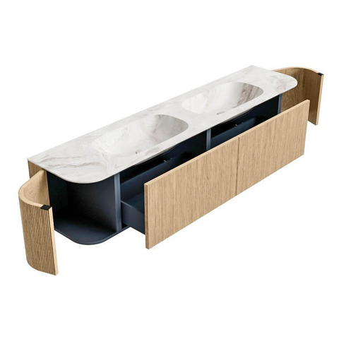 MONDIAZ KURVE-DLUX Meuble de salle de bains 200cm avec module 25 Len R couleur Chêne avec 2 tiroirs et 2 portes. Lavabo STOR SMALL double 2 trous de robinet couleur Frappe. SW1137404
