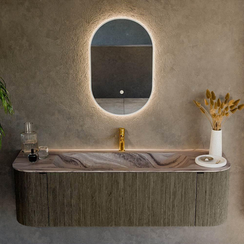 MONDIAZ KURVE-DLUX Meuble de salle de bains 150 cm arrondi Gauche + Droite couleur Shadow avec 1 tiroir et 2 portes. Plan-vasque BIG MEDIUM Central 1 trou de robinet Sombra. SW1433767