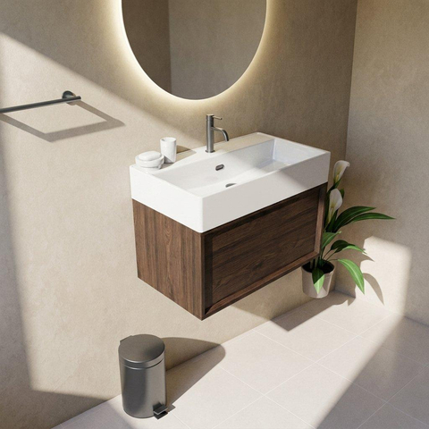 Saniclass Holz Frame Ensemble meuble de salle de bains - 80x45x52cm - Legend lavabo en céramique blanc - 1 vasque - 1 trou de robinetterie - 1 tiroir - chêne charcoal mat (bois) SW1478476