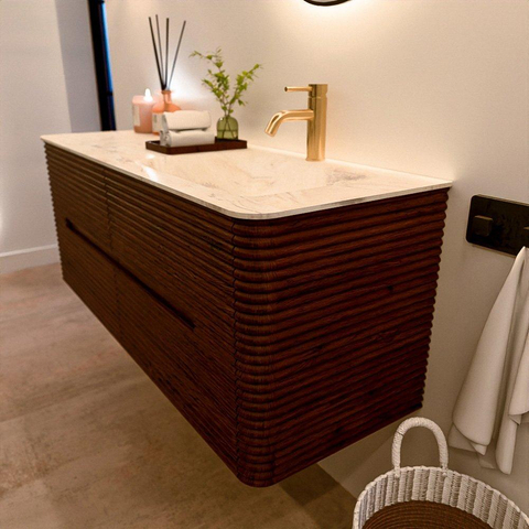 Mondiaz CIRO-DLUX Badkamermeubelset - 130x45x50cm - Solid surface wastafel Ostra - 1 wasbak Rechts - 1 kraangat - 4 lades - Ruby SW1531845