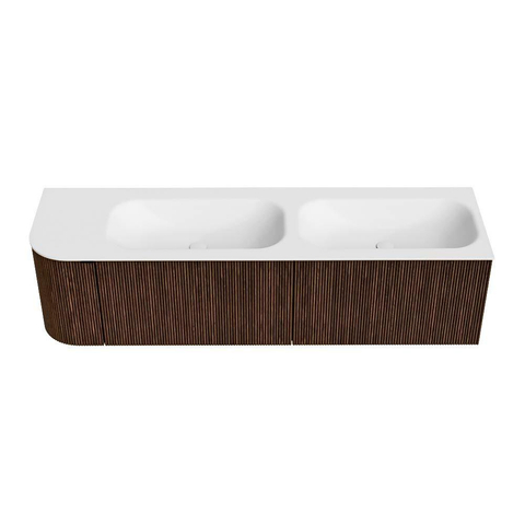 MONDIAZ KURVE Meuble de salle de bains 165 cm avec module 25 L couleur Walnut avec 2 tiroirs et 1 porte. Lavabo BIG SMALL double / à droite sans trou de robinet Talc. SW1138371