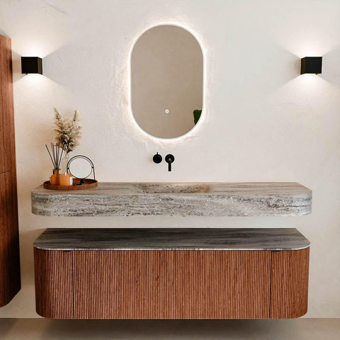 MONDIAZ THOR-DLUX 160cm meuble de salle de bains arrondi gauche + droite couleur Ruby avec 1 tiroir et 2 portes. Vasque suspendue CLOUD Centre sans trou de robinet couleur Oza. SW1465322