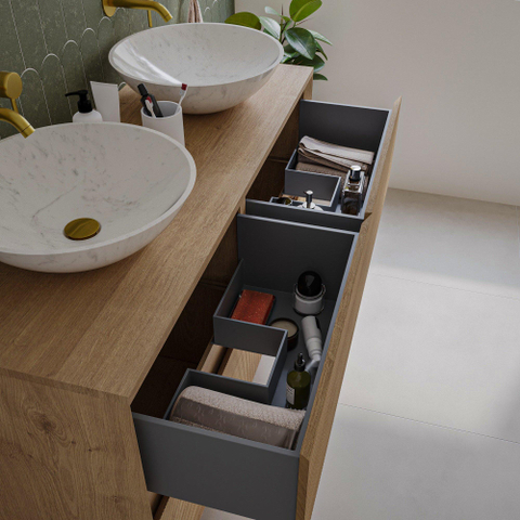 Saniclass Holz Atelier Meuble de salle de bain - 120x45x60cm - lavabo en céramique blanc - 2 vasques - 2 trous de robinet - 2 tiroirs - Chêne Natural SW1441844