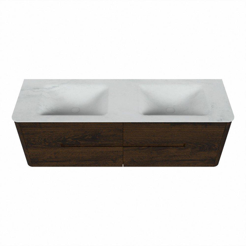 Mondiaz CIRO-DLUX Meuble de salle de bains - 150x45x50cm - Plan vasque solid surface Opalo - 2 vasques double - 2 trous de robinetterie - 4 tiroirs - Noyer SW1530401