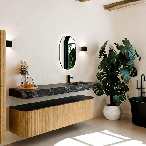 MONDIAZ THOR-DLUX 170cm meuble de salle de bains arrondi gauche + droite couleur Oak avec 1 tiroir et 2 portes. Vasque suspendue CLOUD Droite 1 trou de robinet couleur Lava. SW1465449