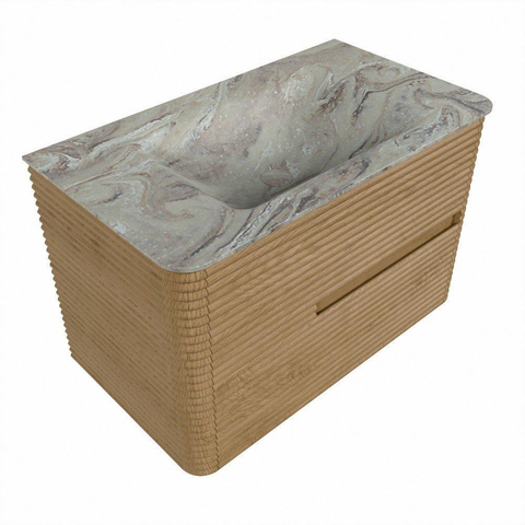 Mondiaz CIRO-DLUX Meuble de salle de bains - 80x45x50cm - Plan vasque solid surface Glace - 1 lavabo au milieu - sans trous de robinetterie - 2 tiroirs - Chêne SW1530798