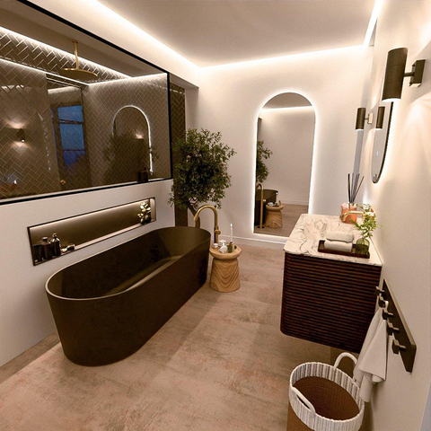 Mondiaz CIRO-DLUX Badkamermeubelset - 100x45x50cm - Solid surface wastafel Glace - 1 wasbak Midden - zonder kraangaten - 2 lades - Walnut SW1530240