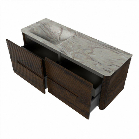 Mondiaz CIRO-DLUX Badkamermeubelset - 130x45x50cm - Solid surface wastafel Glace - 1 wasbak Links - 1 kraangat - 4 lades - Walnut SW1530243